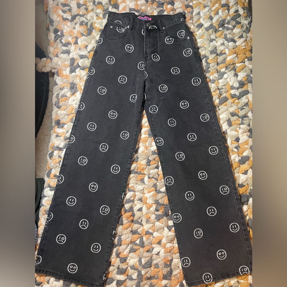 Black Smiley/sad face Print Wide-Leg Women’s Jeans